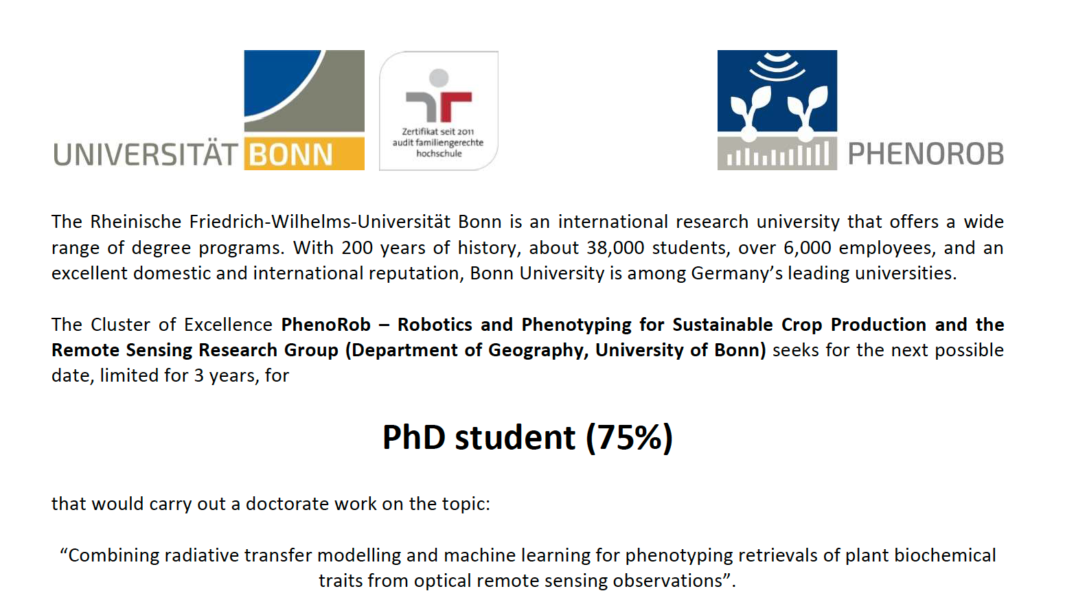 PhenRob PhD Position announcement