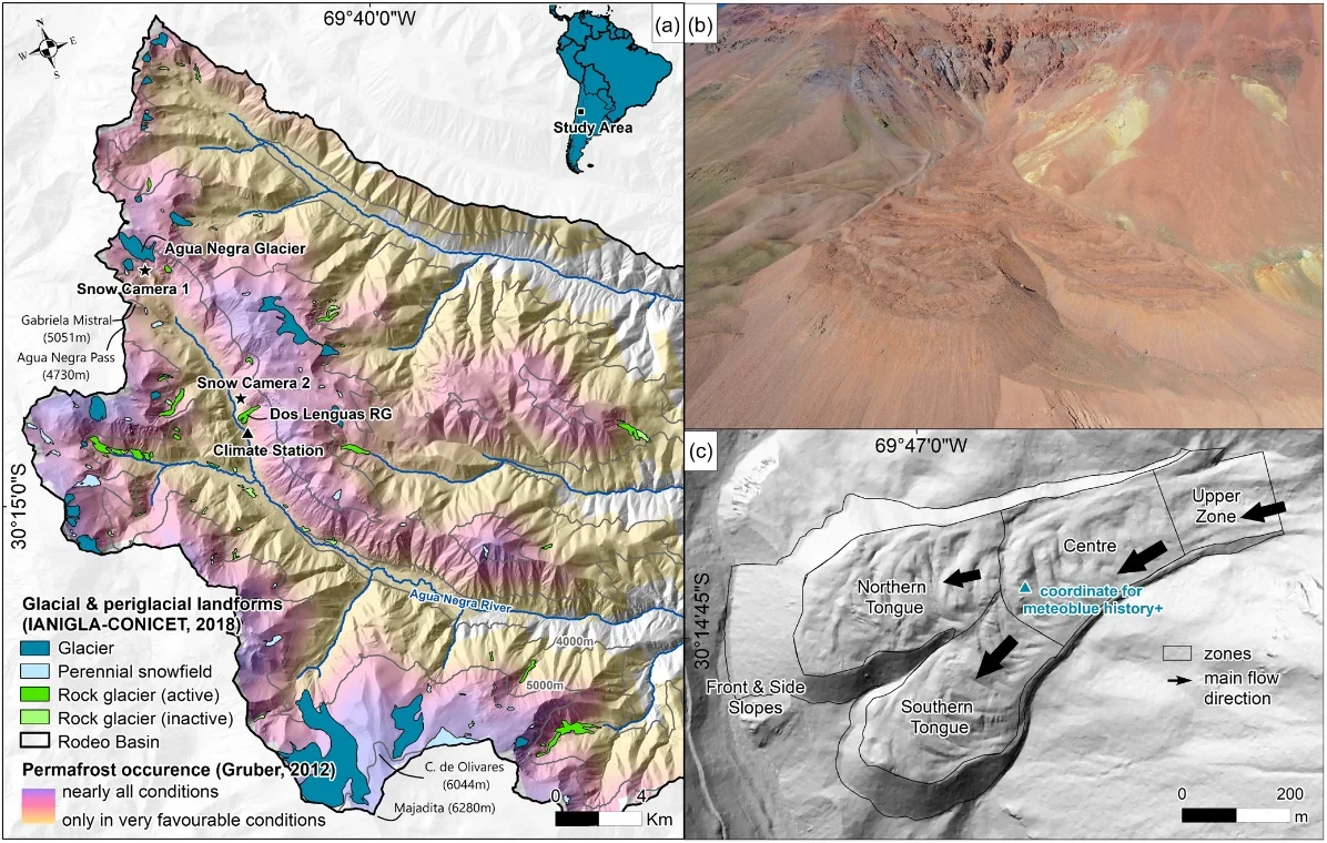 Fig. 1 A) Rock glacier and glacier distribution in the high-altitude catchment of Agua Negra River, which is part of the Rodeo basin and located in the Dry Andes of Argentina (30S and 69W). The upper Rodeo basin is characterized by a distribution of (peri)glacial landforms representative of the region, the very limited presence of vegetation and the absence of populated areas. Landforms are inventoried by IANIGLA- CONICET (2018) and displayed on top of the permafrost occurrence map by Gruber (2012) and a TanDEM-X-based hillshade. B) Photo of Dos Lenguas rock glacier taken with a Phantom 4 RTK drone, March 2022. C) Geomorphological zones slightly adapted after Halla et al. (2021) and displayed on top of a Pléiades-based DEM of 1 m resolution. The Pléiades DEM is based on tristereo, panchromatic Pléiades imagery acquired between February 13th and 20th, 2023. For more information, see Stammler et al. (2024). Snow camera and climate station locations in A), the coordinate used for the extraction of ERA5 data provided through meteoblue history+ in C).