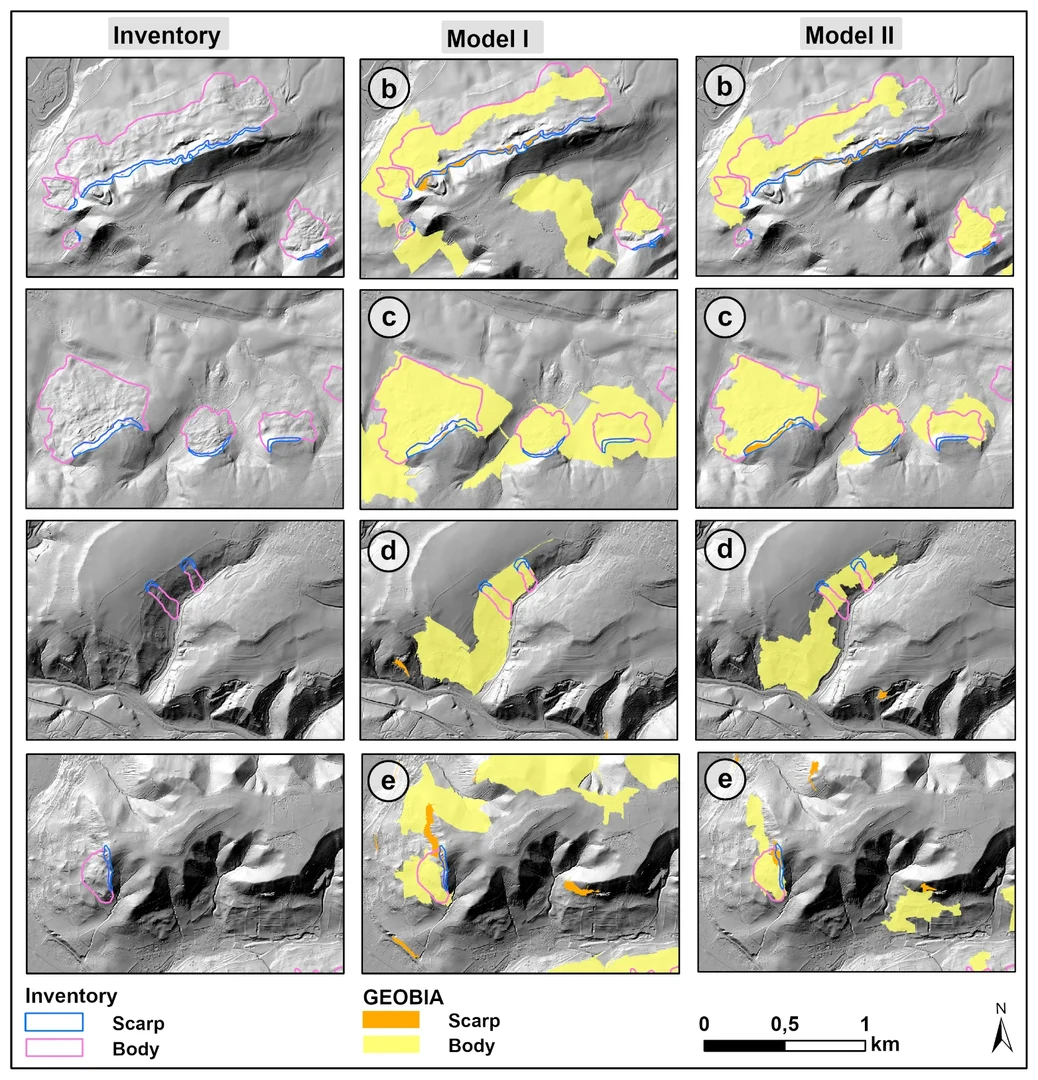 Figure 8: Detailed results of Model I (MI) and Model II (MII) for selected areas. The left column shows the landslide inventory overlaid on the hillshade DTM (TLUBN, 2019). The middle and right columns display MI and MII results, respectively, corresponding to the inset areas b–e shown in Figs. 4 and 5. These zoomed-in views highlight differences in model performance within representative subregions.